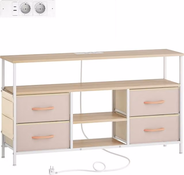 Mobile TV HOMCOM con luce LED, porte USB e 4 cassetti, Beige e Bianco, L 120 x P 30 x H 67,5 cm