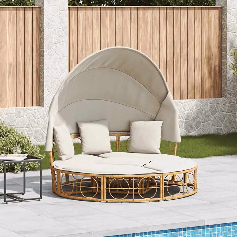 vidaXL Lettino Prendisole da Esterno in Polyrattan con Tetto e Cuscini, Beige e Marrone