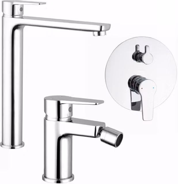 Set di miscelatori Jane in ottone cromato per lavabo, bidet senza scarico e incasso doccia con deviatore e doppia manopola