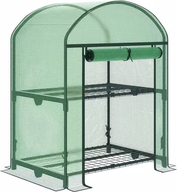 Outsunny Serra portatile da giardino verde con 2 ripiani in metallo e copertura in PE, L/P/H: 69 x 49 x 92 cm