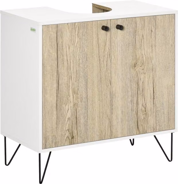 Mobile sottolavabo kleankin con 2 ante e piedi in acciaio, Bianco e legno naturale, L: 60 cm, P: 30 cm, H: 60 cm