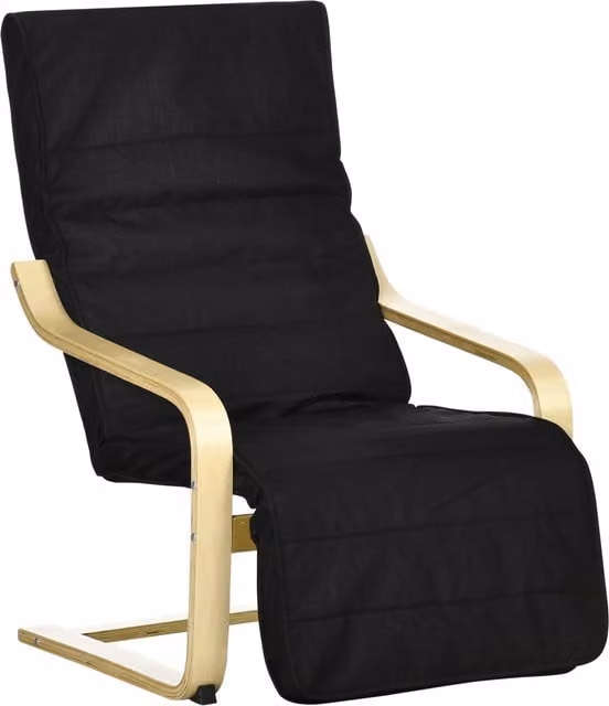 Poltrona Relax HOMCOM con Poggiapiedi Regolabile e Struttura in Legno Massello, Colore Nero, L: 66,5 cm, P: 94 cm, H: 100 cm