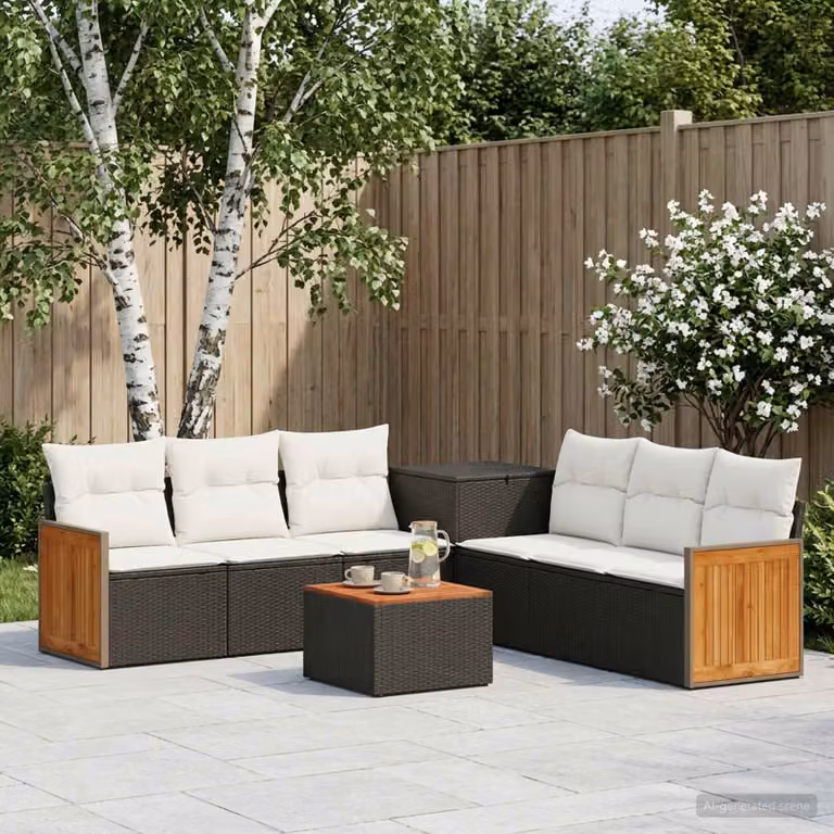 Set di divani da giardino vidaXL a forma di U in polyrattan nero e bianco crema con 8 pezzi e cuscini inclusi