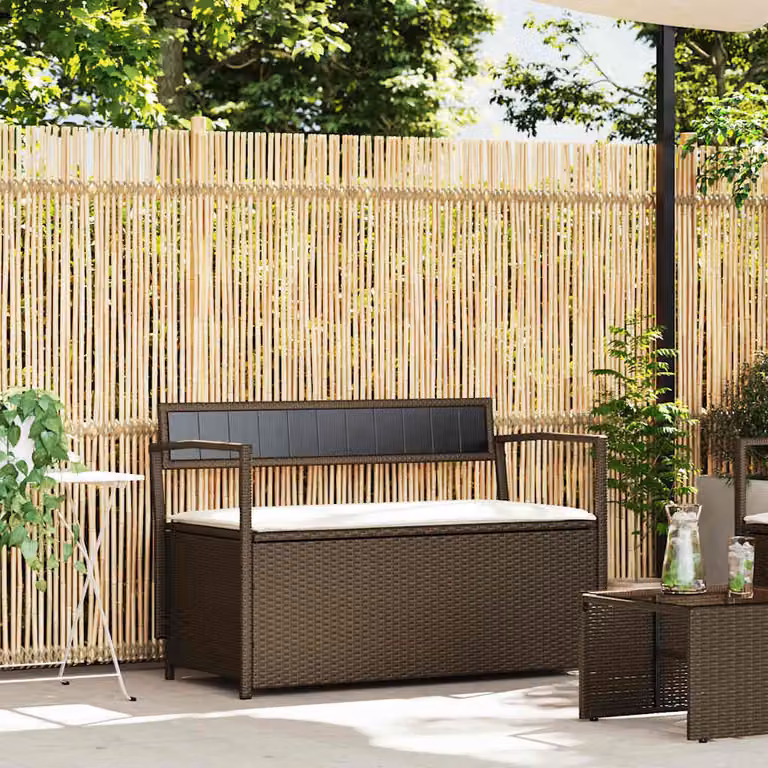 vidaXL Panca Portaoggetti da Giardino in Polyrattan con Cuscini, Marrone e Bianco