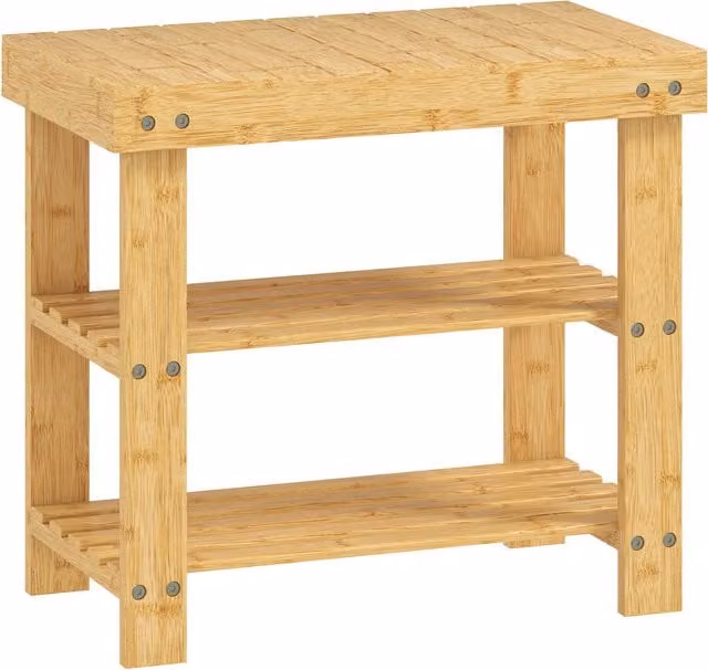 Panca porta scarpe HOMCOM in bambù con 2 ripiani e seduta, scarpiera per ingresso, L: 50 cm, P: 28 cm, H: 45 cm, colore naturale