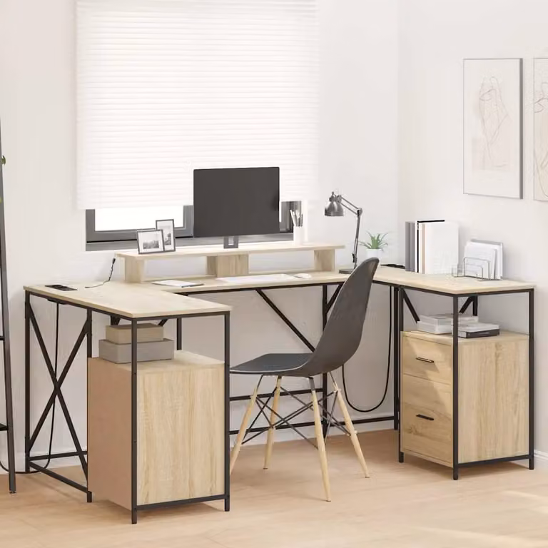 Scrivania da ufficio moderna vidaXL in legno e metallo color rovere, L: 182 cm, P: 101 cm, H: 87,5 cm