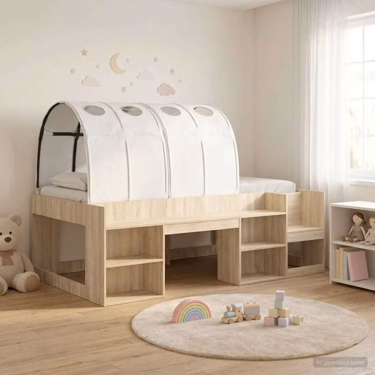 Letto per bambini vidaXL con struttura a casetta, tunnel e scaffale, 3 pezzi, Rovere Sonoma e Bianco, 90 x 190 cm