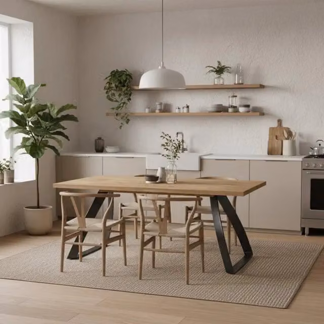 Tavolo da pranzo allungabile Timber Duzzle in legno di rovere naturale e metallo, stile industrial, L: 160-240 cm, P: 90 cm, H: 76 cm