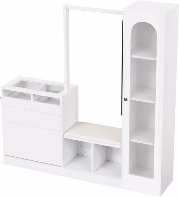 Set combinazione ingresso 6-in-1 GL Store con illuminazione LED, specchio, panca e scarpiera, Bianco, L: 163 cm, P: 35 cm, H: 161 cm