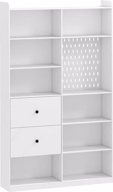 Libreria Doppia HOMCOM a 6 Livelli con Cassetti e Pannello Forato, Bianco, L: 120 cm, P: 30 cm, H: 200 cm