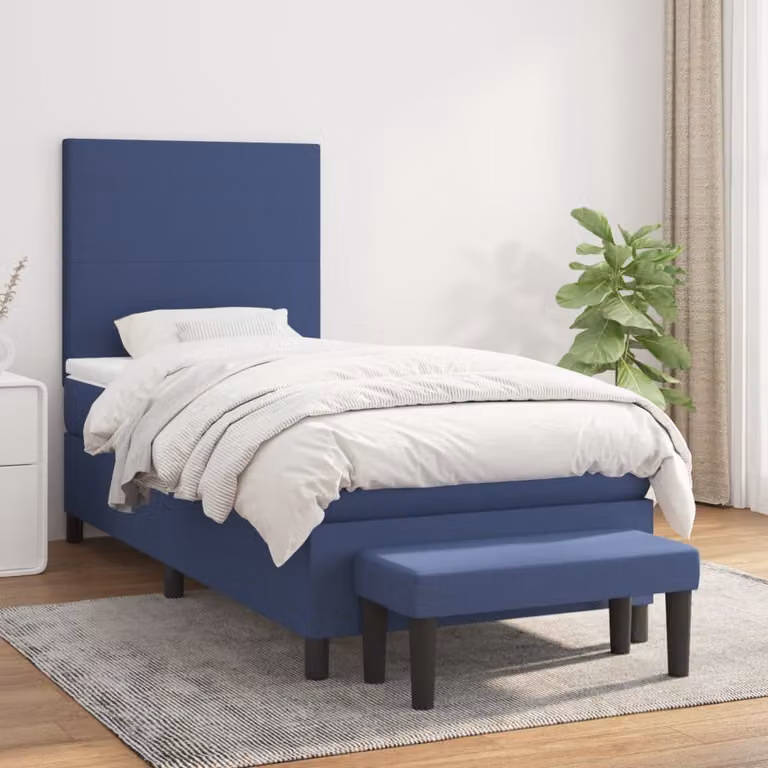 vidaXL Letto Ibrido con Giroletto a Molle e Materasso in Tessuto, Blu e Bianco, L 90 x P 200 x H 128 cm