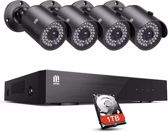 Kit Videosorveglianza Sicurezza Trade Shop con DVR 8 Canali 5MP e 4 Telecamere da Esterno Nere con Tecnologia H.265 e Connessione WiFi via Smart App
