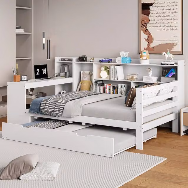 Letto multifunzione moderno in legno e MDF bianco con letto estraibile, scrivania, scomparti laterali e porta USB, L/P/H: 200 x 90 x 114,5 cm