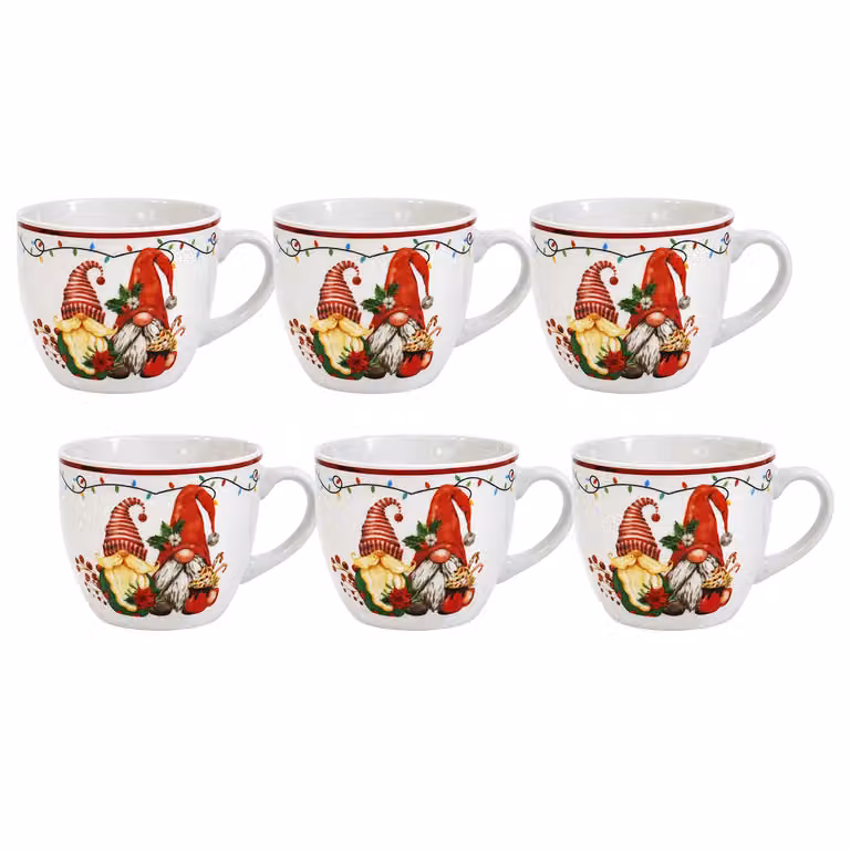 Set di 6 tazzine da caffè natalizie Gnomo Delight Vestiamo Casa in porcellana bianca, 9 cl