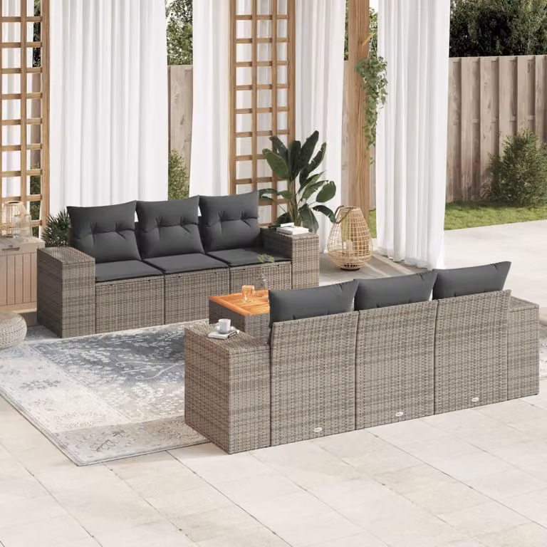 Set di divani da giardino vidaXL in polyrattan grigio con cuscini, tavolino e poltrone, 7 pezzi