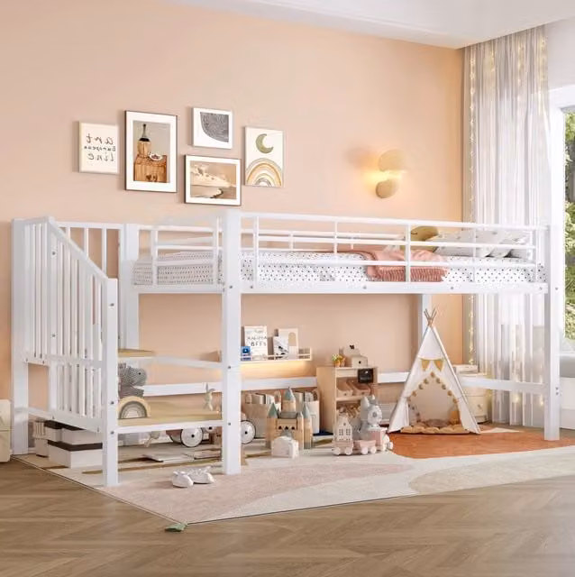 Letto a soppalco basso per bambini con scala contenitore e scomparti laterali, bianco, L/P/H: 200 x 90 x 120 cm