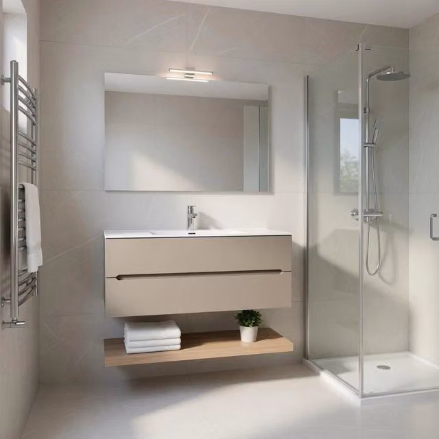 Composizione mobile bagno sospeso con cassetti e specchio mod. TALIA di Taco, colore beige opaco, L 120 x P 45 x H 46 cm