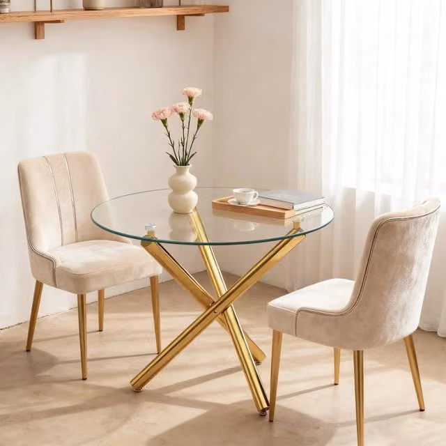 Tavolo da Pranzo Rotondo Minimal con Piano in Vetro Trasparente e Gambe Dorate L: 80 cm, P: 80 cm, H: 76 cm