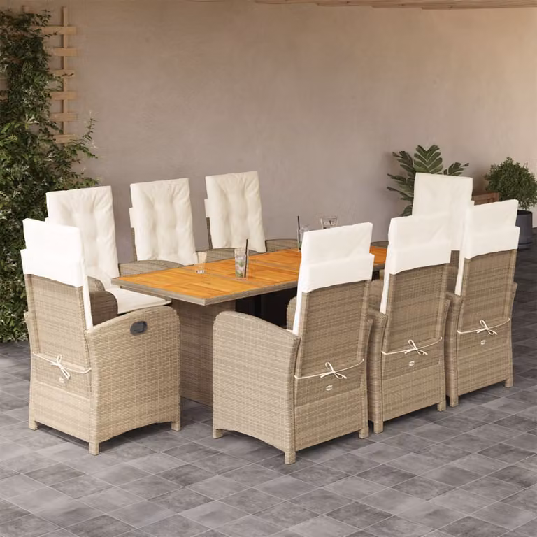 Set Pranzo da Giardino vidaXL in Legno di Acacia con 9 Sedute e Cuscini Beige Misto Polyrattan