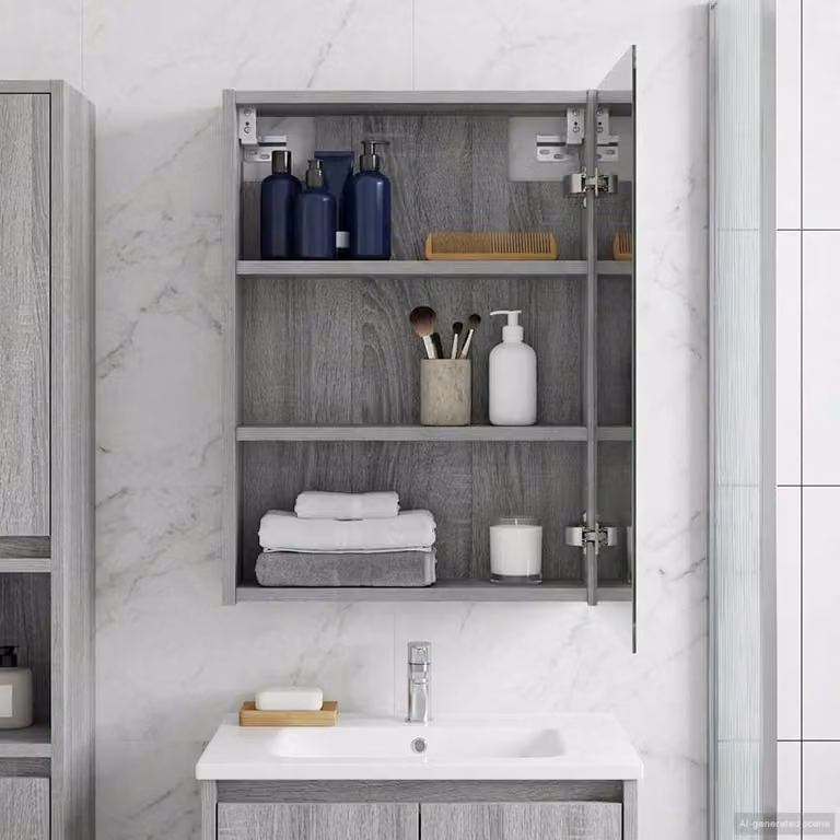 Mobiletto per specchio da bagno vidaXL Grigio Sonoma, moderno, con ante a battente e ripiani interni, L 43 x P 16 x H 62.5 cm