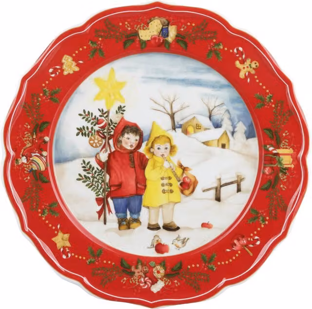 Sottopiatto natalizio per bambini in porcellana con bordo rosso, diametro 32,5 cm
