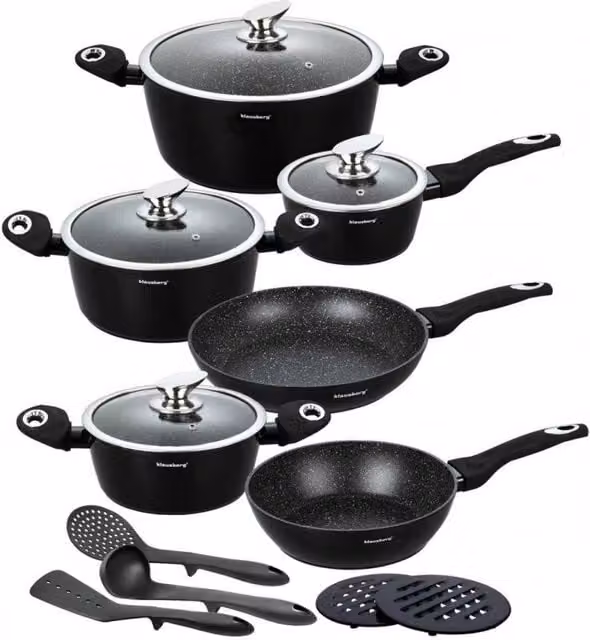 Set di pentole antiaderenti in granito Klausberg KB-7322, 15 pezzi, colore nero in alluminio e silicone