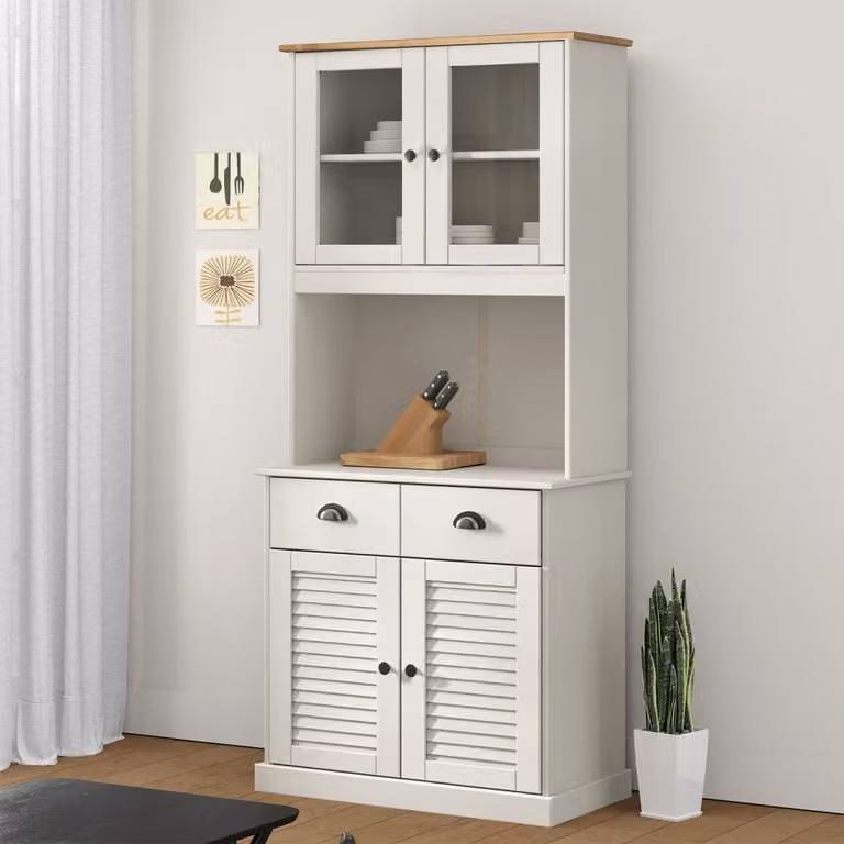Credenza vidaXL VIGO in legno di pino massello bianco con ante in vetro e ripiani interni L: 78 cm, P: 40 cm, H: 175 cm
