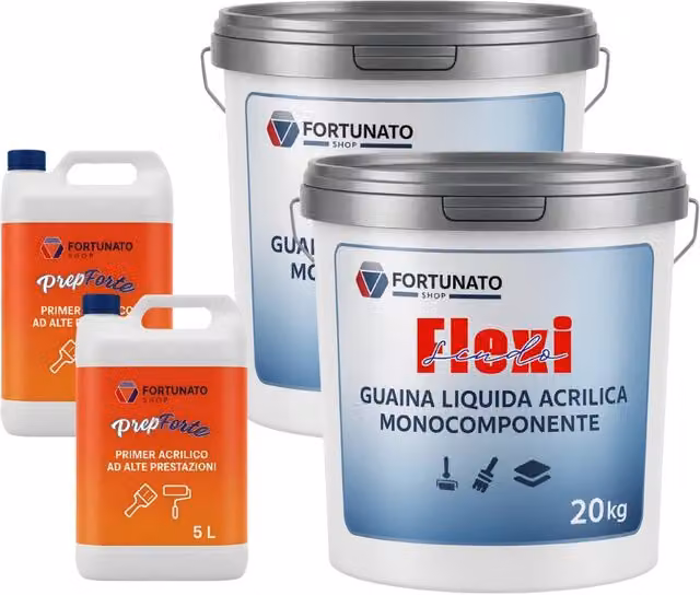 Soluzione professionale impermeabilizzante Prepforte e Flexiscudo per la protezione delle superfici, base acquosa acrilica, colore bianco, formato 20 kg + 5 l