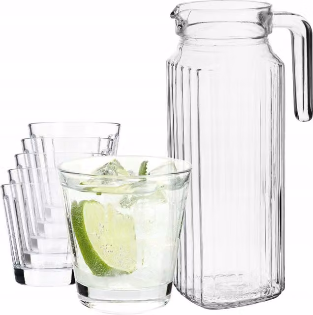 Set di caraffa in vetro trasparente KADAX da 1,1 l con 6 bicchieri da 175 ml, modello a righe, lavabile in lavastoviglie