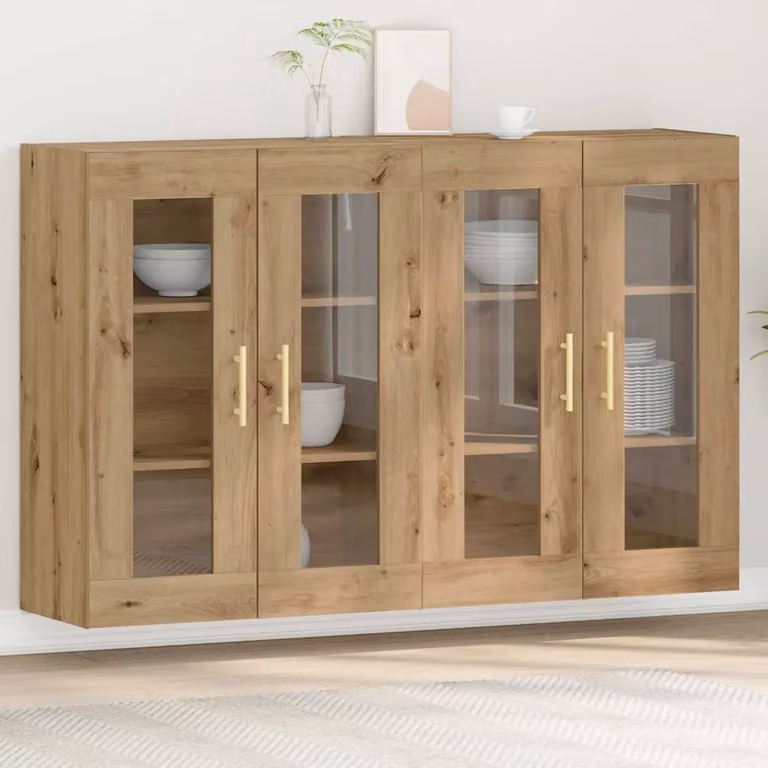 Set di 2 armadi da parete moderni vidaXL in rovere e vetro, L/P/H: 69,5 x 34 x 90 cm