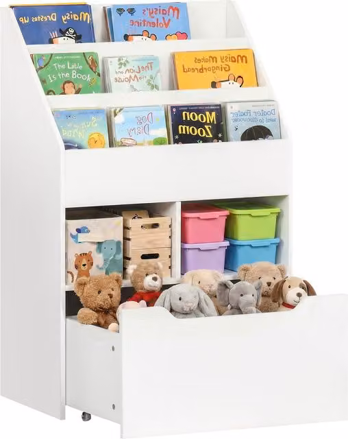 Piccola libreria per bambini HOMCOM con ripiani e cassetto in MDF, Bianco, L: 60 cm, P: 29.9 cm, H: 90 cm
