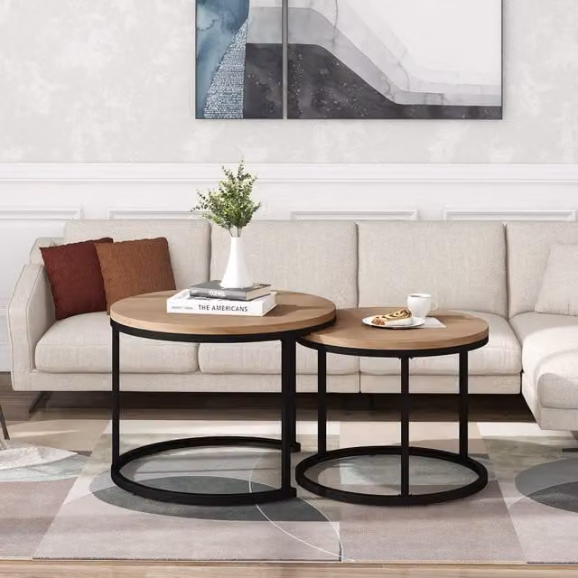 Set di 2 Tavolini da Salotto Rotondi Moderni in MDF e Metallo, Design Salvaspazio Impilabile, Colore Rovere Naturale, L/P/H: 50 x 70,5 cm e 45,5 x 44 cm