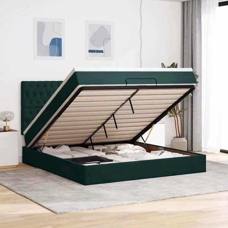Letto con contenitore e materasso vidaXL in velluto verde e bianco, con base a sollevamento, illuminazione sottostante e porta di ricarica USB, L/P/H: 180 x 200 x 128 cm