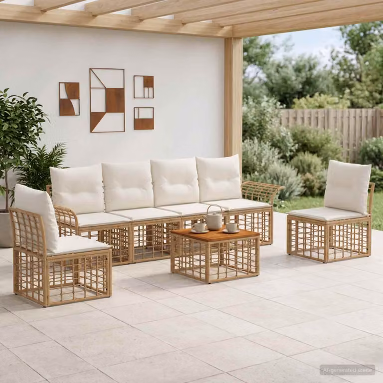 Set di divani da esterno vidaXL 7 pezzi per 6 persone con tavolino, colore beige e bianco crema, struttura in metallo e cuscini inclusi