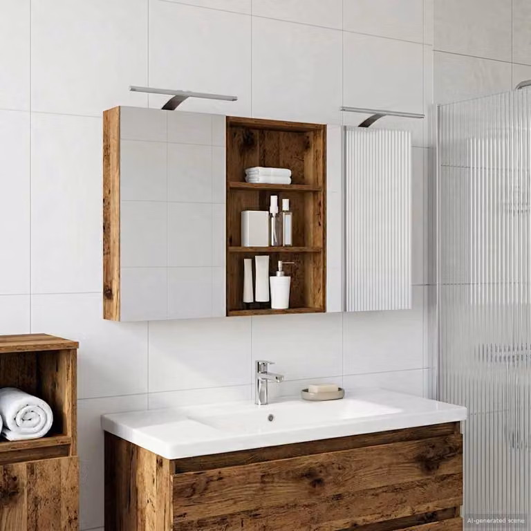 Set di 3 armadi da bagno moderni vidaXL in legno marrone con specchio e illuminazione LED, L/P/H: 120 x 10,5 x 60,5 cm