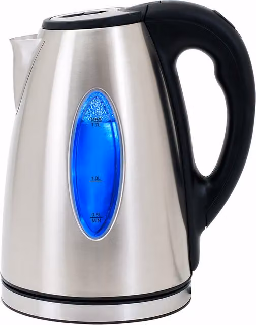 Bollitore elettrico Deuba in acciaio inox e vetro, capacità 1,7 l, 2200 W, colori nero e argento con filtro anticalcare e spegnimento automatico