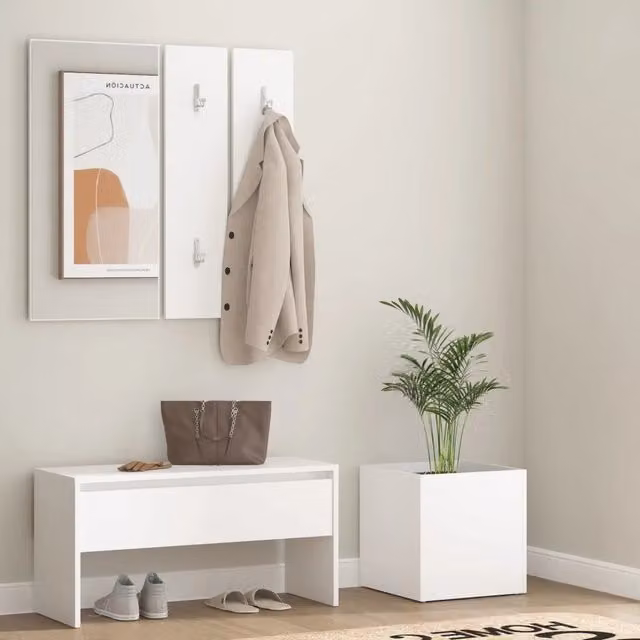 Set di mobili da corridoio vidaXL bianco in legno e plastica con panca, specchio e appendiabiti con ganci