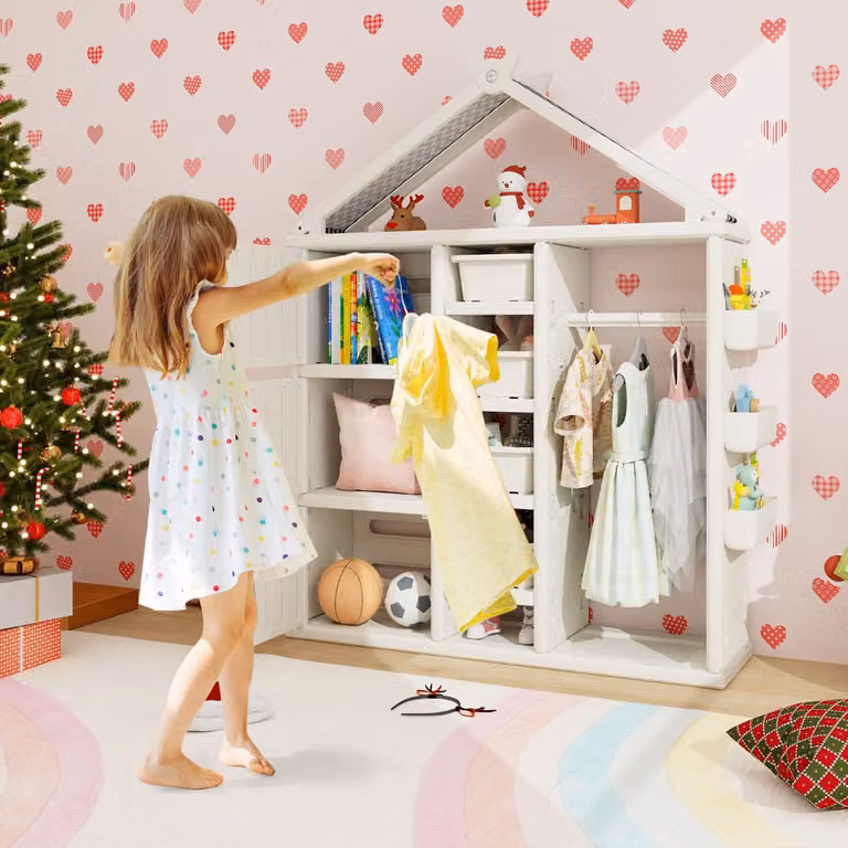 Armadio portaoggetti per bambini Costway con appendiabiti e 3 armadietti, colore beige e bianco