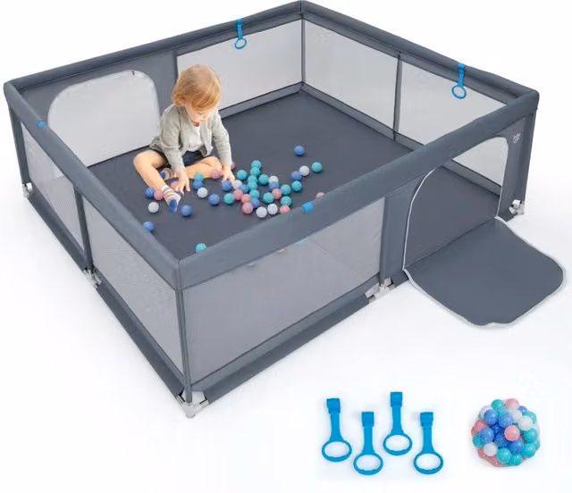 Recinto da gioco per bambini Oceaniche con rete traspirante e maniglie, Grigio, L 200 cm x P 180 cm x H 68 cm