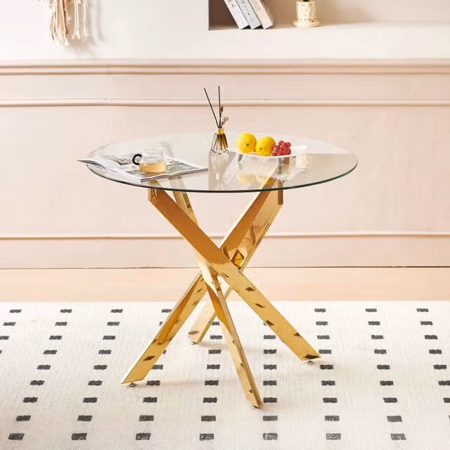 Tavolo da pranzo moderno Zephmum con piano in vetro trasparente e base a croce in metallo oro L: 80 cm, P: 80 cm, H: 75 cm