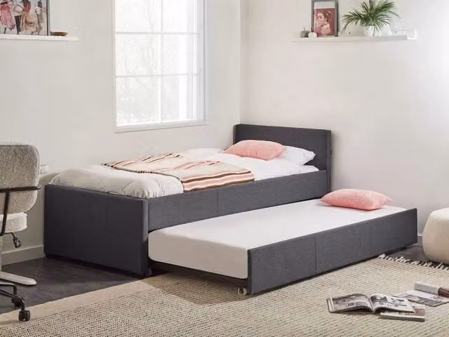 Divano Letto Singolo Beliani con Cassetto, Rivestimento in Tessuto Grigio, L/P/H: 214 x 90 x 125 cm