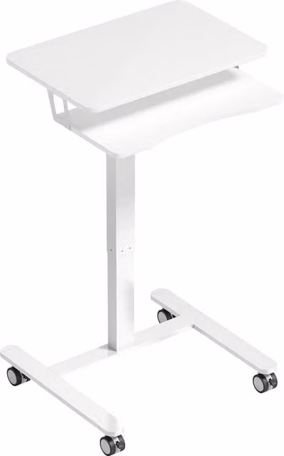 Scrivania da ufficio regolabile in altezza HOMCOM con ripiano per tastiera e ruote, telaio in metallo e piano in MDF bianco