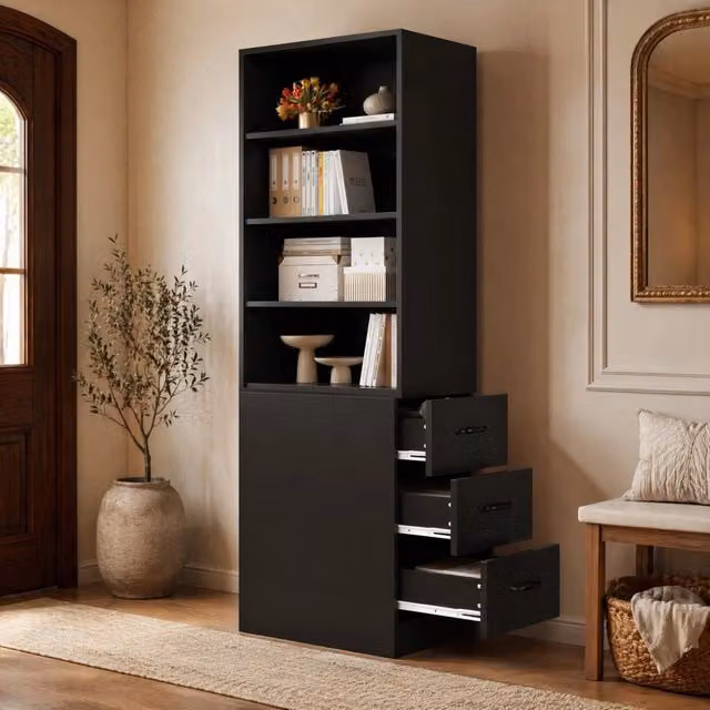Libreria MODFU nera con 3 cassetti laterali e ripiani regolabili in MDF, L/P/H: 60 x 38 x 180 cm
