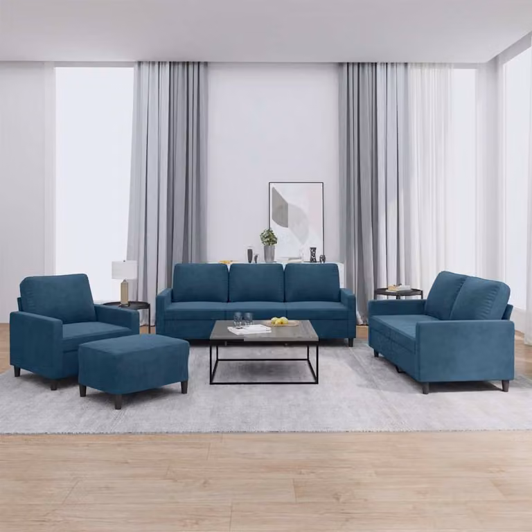 vidaXL Set di Divani Moderno in Velluto Blu con Cuscini, Divano a 3 Posti, Divano a 2 Posti e Pouf