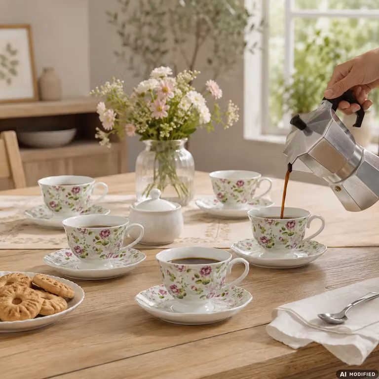 GUSTO CASA Set di 6 Tazzine da Caffè con Piattino in Ceramica con Decoro Floreale Multicolore, 8 cl