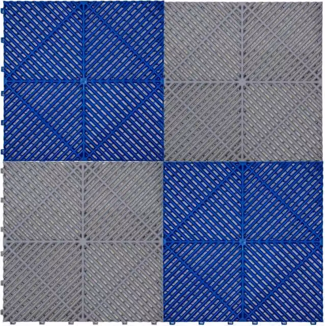 Piastrelle ventilate antiscivolo Monster Shop in plastica con design geometrico grigio e blu per garage e officine L: 6 m, P: 3,2 m