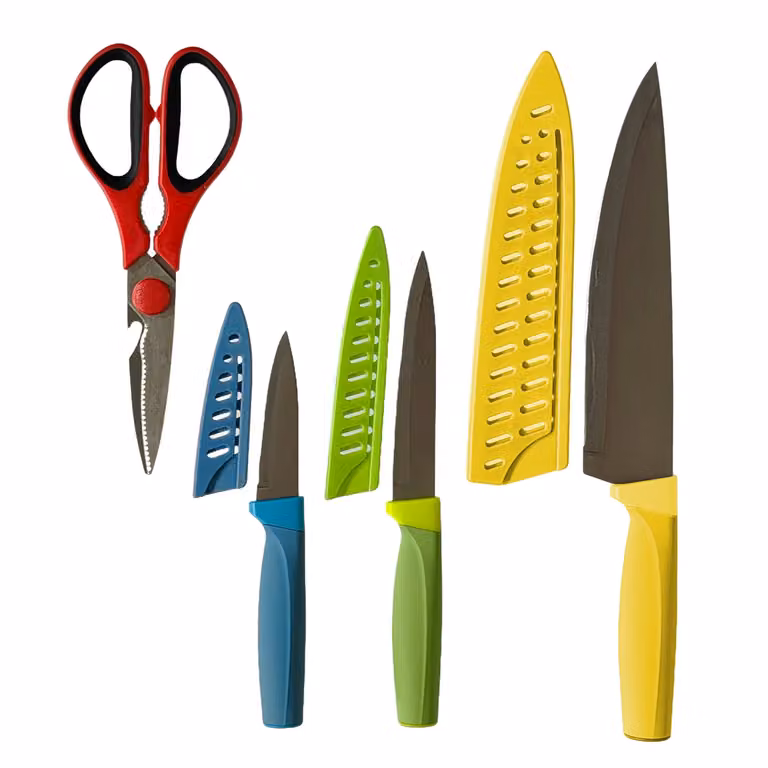 GUSTO CASA Set di 3 Coltelli in Acciaio Inox con Coprilama e Forbici da Cucina Linea Vintage Express Multicolore