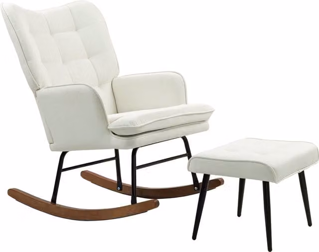Poltrona a dondolo HOMCOM con poggiapiedi, design moderno in tessuto effetto lino, L 64 x P 89 x H 90 cm, Beige