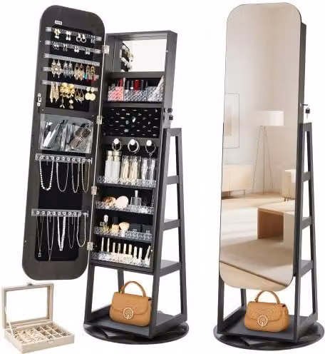 Armadietto Portagioielli Girevole Vevor Nero con Specchio a Figura Intera e Scomparti per Accessori, Altezza: 160 cm