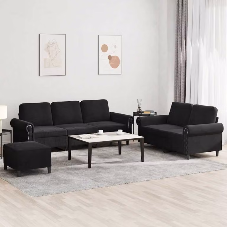 Set di divani vidaXL 3 pezzi in velluto nero con pouf e cuscini per soggiorno moderno
